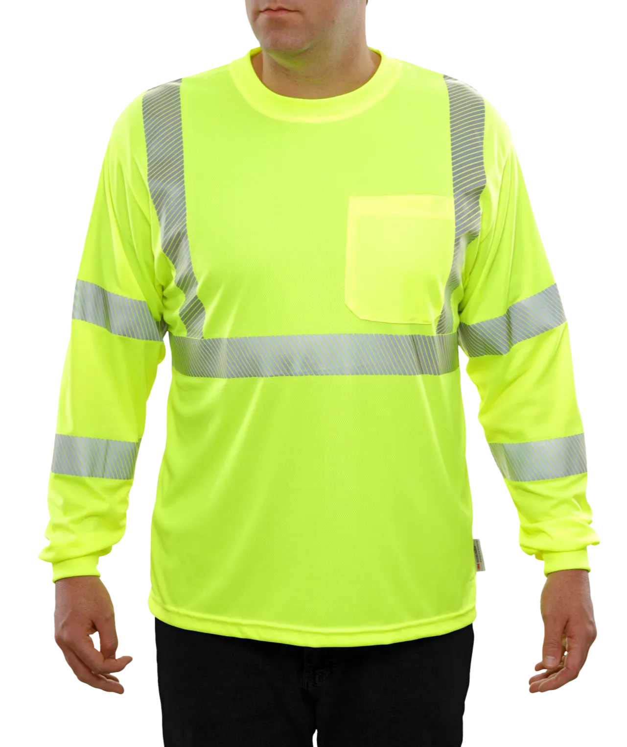 204CTLM Long Sleeve Lime Birdseye Pocket Hi-Vis Safety T-Shirt with 3MTM Comfort Trim