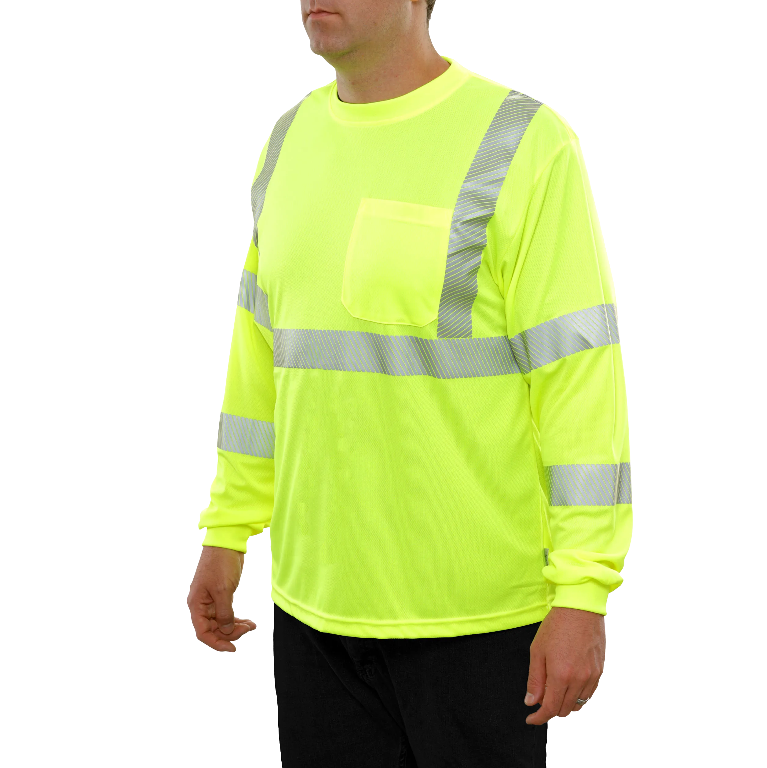 204CTLM Long Sleeve Lime Birdseye Pocket Hi-Vis Safety T-Shirt with 3MTM Comfort Trim