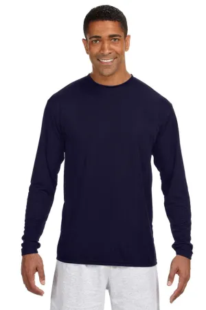 A4 Mens Performance Moisture Wicking Long Sleeve Crewneck T-Shirt - Navy Blue