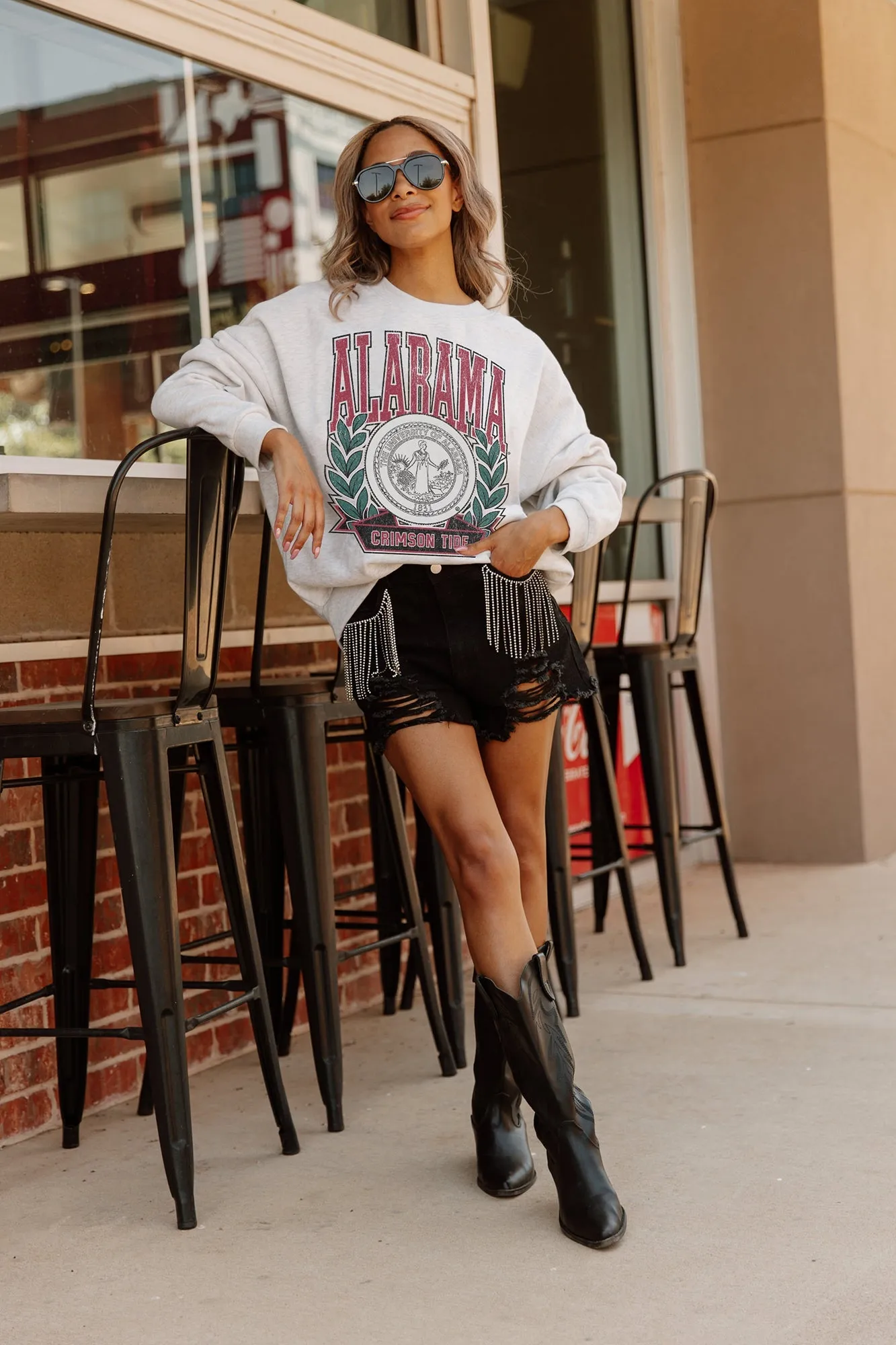 ALABAMA CRIMSON TIDE GO FIGHT WIN PREMIUM FLEECE DROP SHOULDER CREWNECK PULLOVER BY MADI PREWETT TROUTT