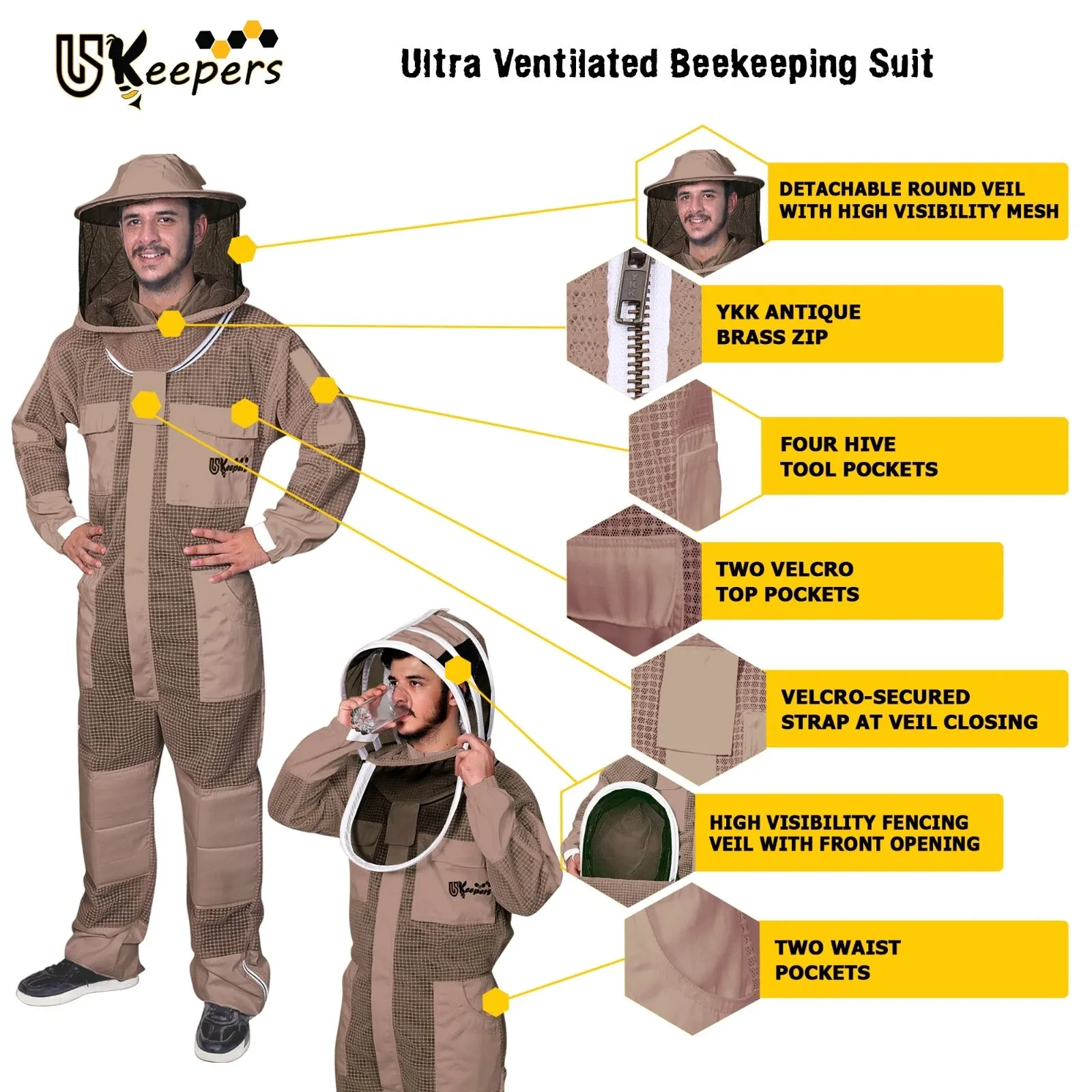 Beekeeping Suit 3 Layer Ventilated Professional Bee Keeper Brown