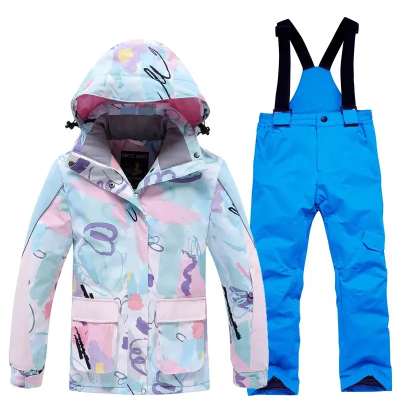 Children Cartoon Printing Snow Coat and Bibs Pants Set