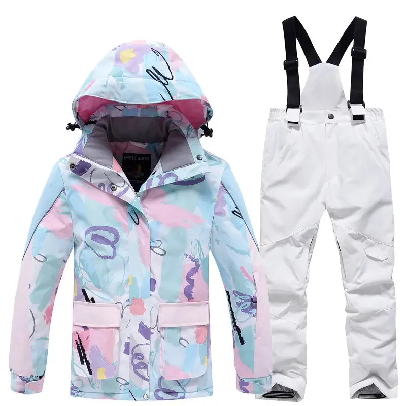 Children Cartoon Printing Snow Coat and Bibs Pants Set