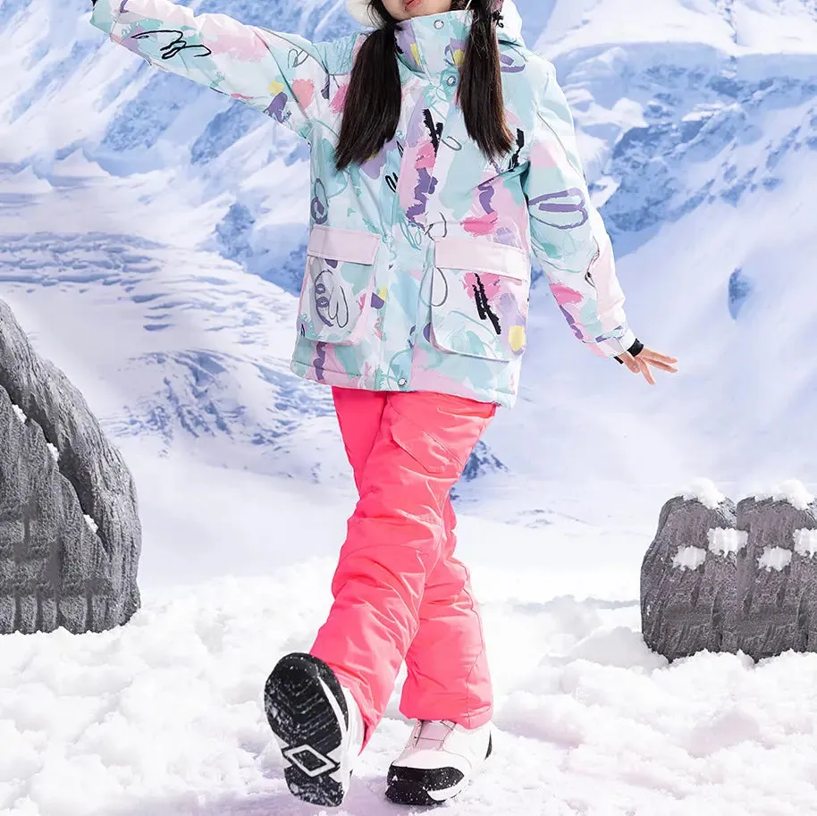 Children Cartoon Printing Snow Coat and Bibs Pants Set