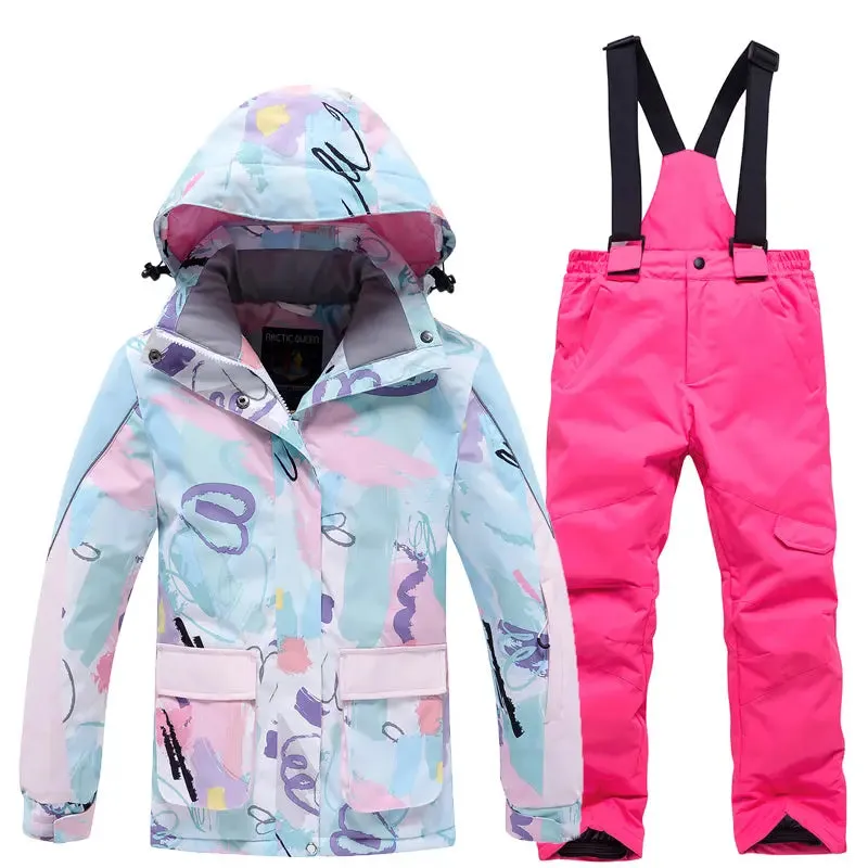 Children Cartoon Printing Snow Coat and Bibs Pants Set