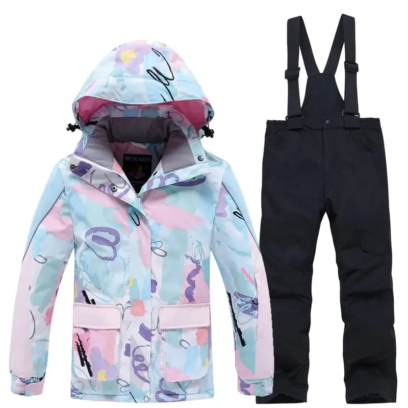 Children Cartoon Printing Snow Coat and Bibs Pants Set