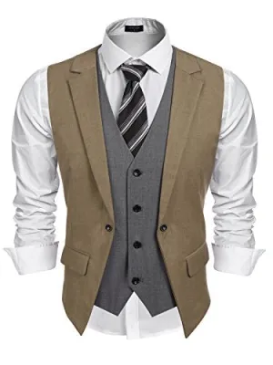 Coofandy Mens Formal Fashion Layered Vest Waistcoat Dress Vest (S, Khaki) at Amazon Menâs Clothing store: