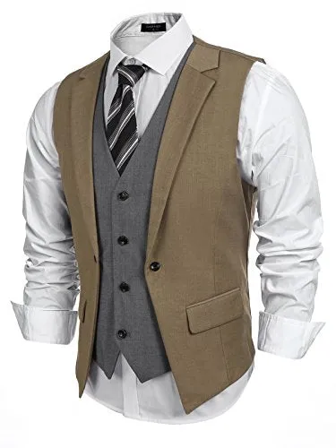 Coofandy Mens Formal Fashion Layered Vest Waistcoat Dress Vest (S, Khaki) at Amazon Menâs Clothing store: