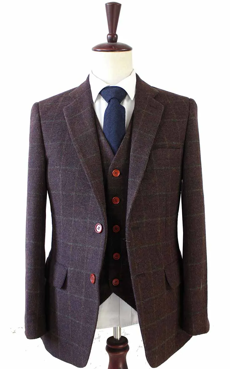 DARK BROWN PLAID TWEED 3 PIECE SUIT