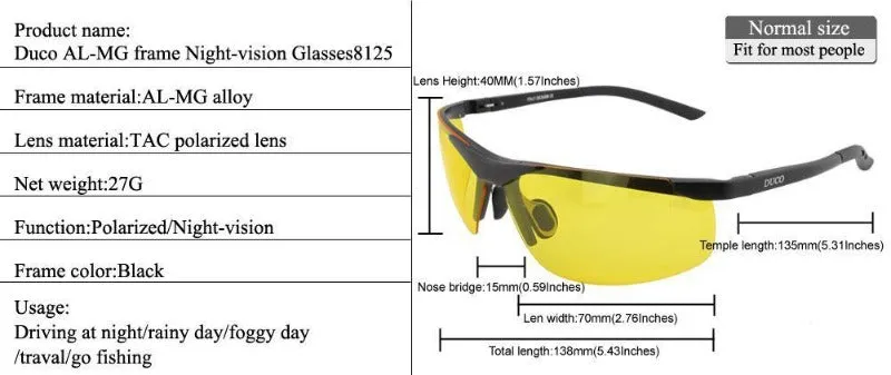 DUCO HD Anti Glare Night-vision Headlight Polarized Al-Mg Metal Frame Glasses for Driving 8125