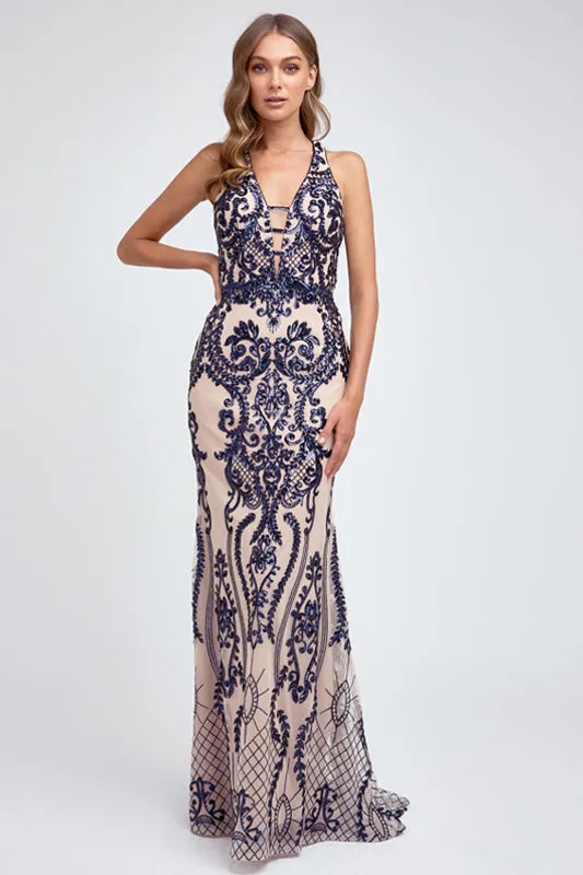 Embroidered Lace Illusion V-Neck Prom & MOB Dress