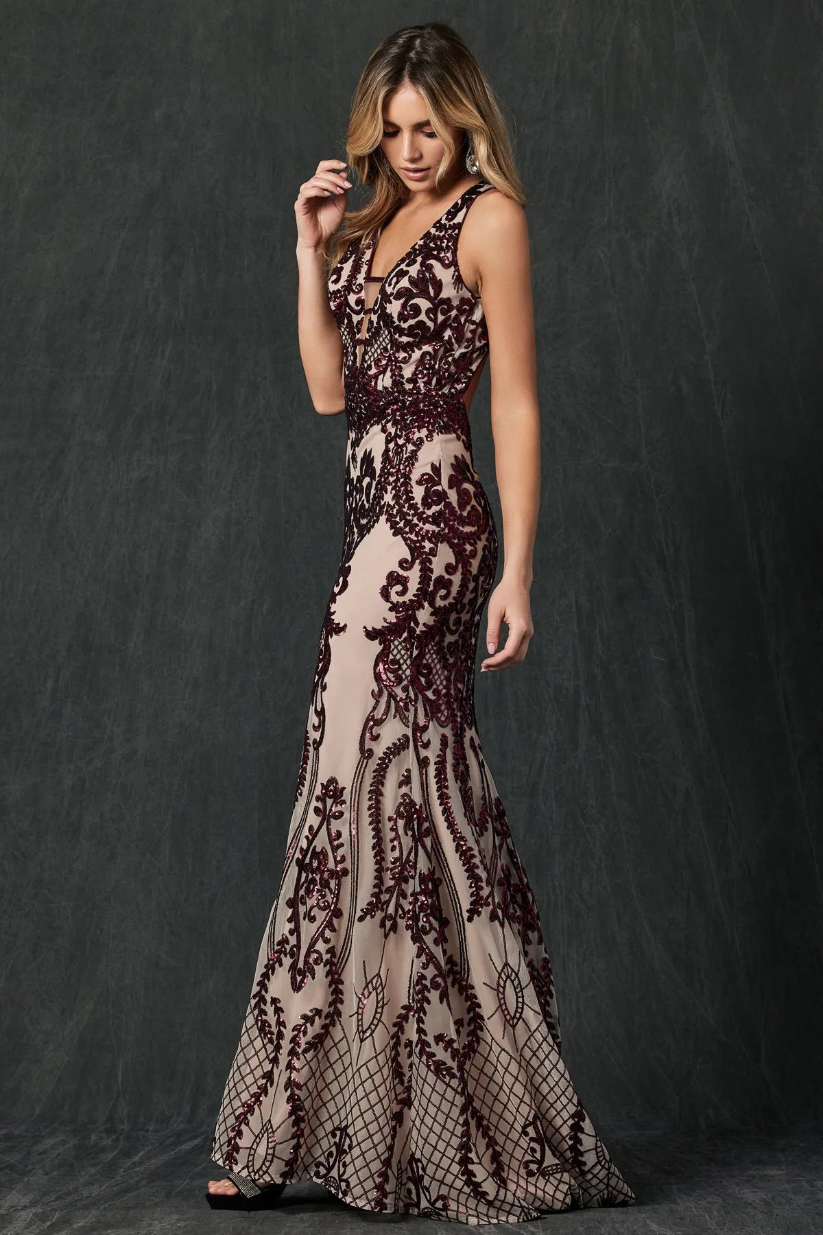 Embroidered Lace Illusion V-Neck Prom & MOB Dress