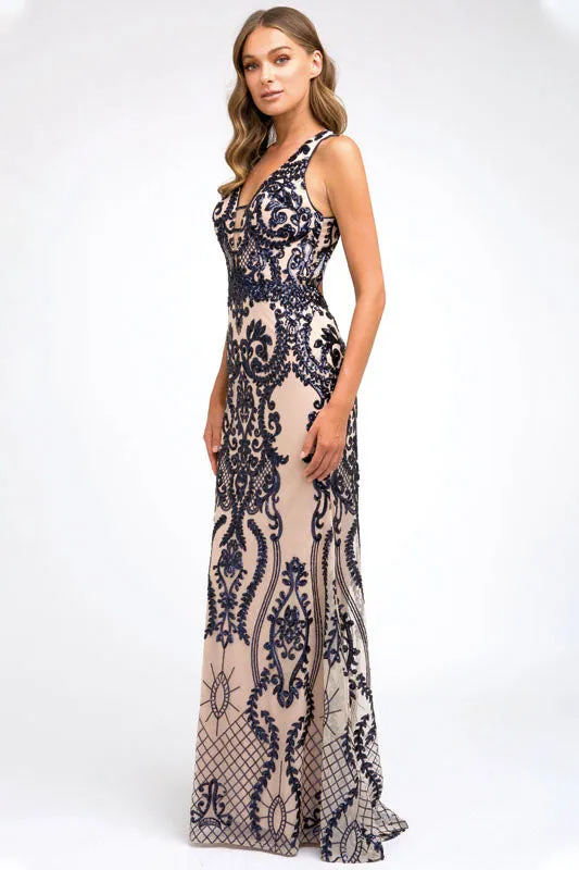 Embroidered Lace Illusion V-Neck Prom & MOB Dress