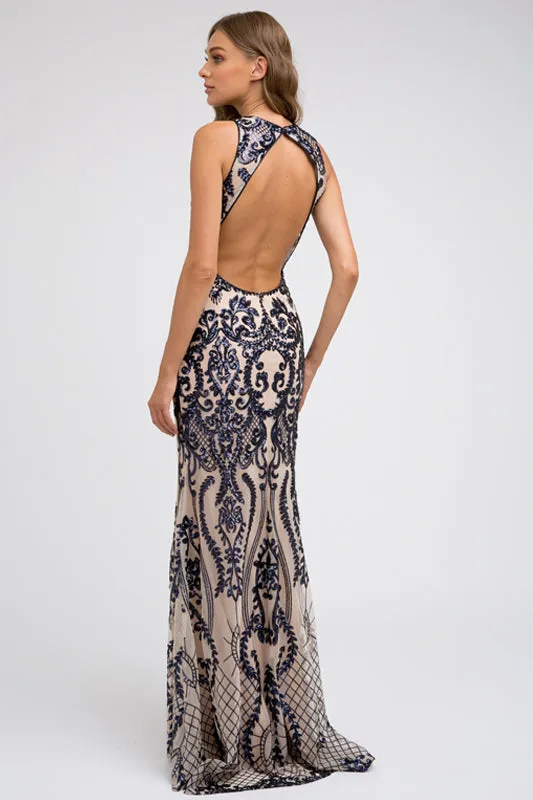 Embroidered Lace Illusion V-Neck Prom & MOB Dress