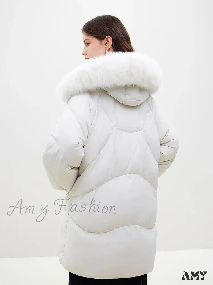 Fox Fur Detachable Hooded Mid-Length Black Gentle White Female Long Coat