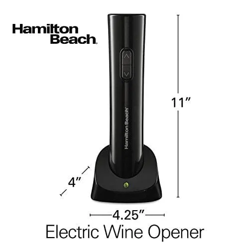 Hamilton Beach 76610 Cordless Electric Wine Bottle Opener with Battery Charger, Foil Cutter and Comfortable Grip, Portable, Black