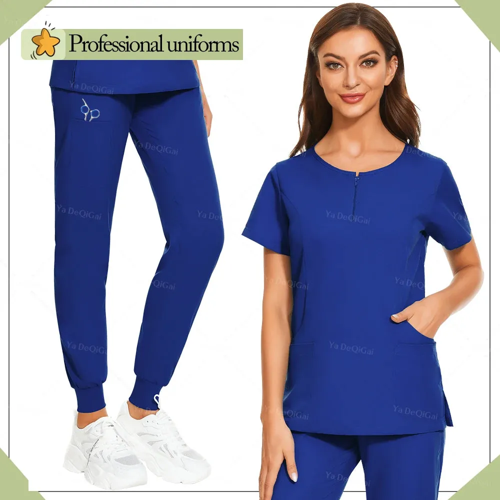 HC - Medical Scrub Uniform: Zippered top and pocket pants, ideal for salons and vet clinics