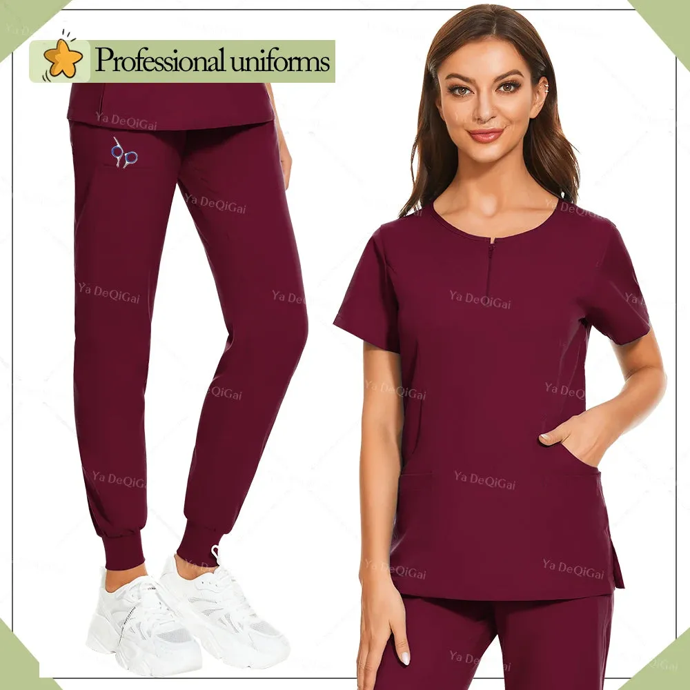 HC - Medical Scrub Uniform: Zippered top and pocket pants, ideal for salons and vet clinics