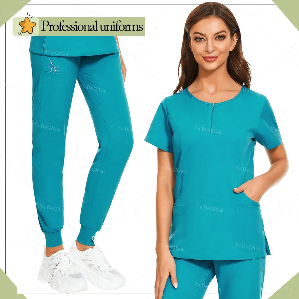 HC - Medical Scrub Uniform: Zippered top and pocket pants, ideal for salons and vet clinics