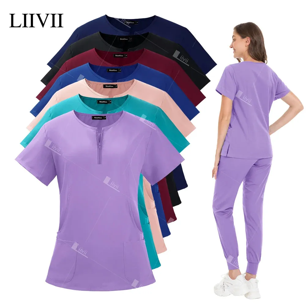 HC - Medical Workwear: Elastic scrub set for hospital staff, including top, pants, and accessories