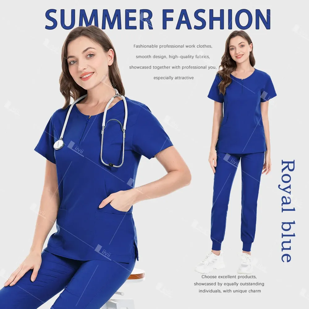 HC - Medical Workwear: Elastic scrub set for hospital staff, including top, pants, and accessories