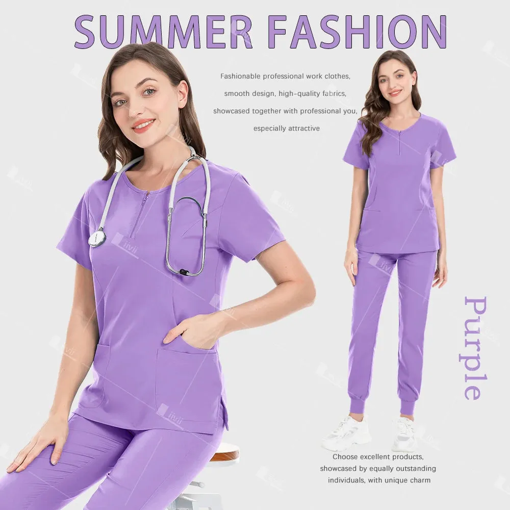 HC - Medical Workwear: Elastic scrub set for hospital staff, including top, pants, and accessories