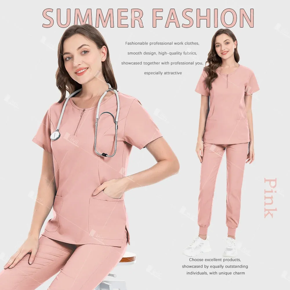 HC - Medical Workwear: Elastic scrub set for hospital staff, including top, pants, and accessories