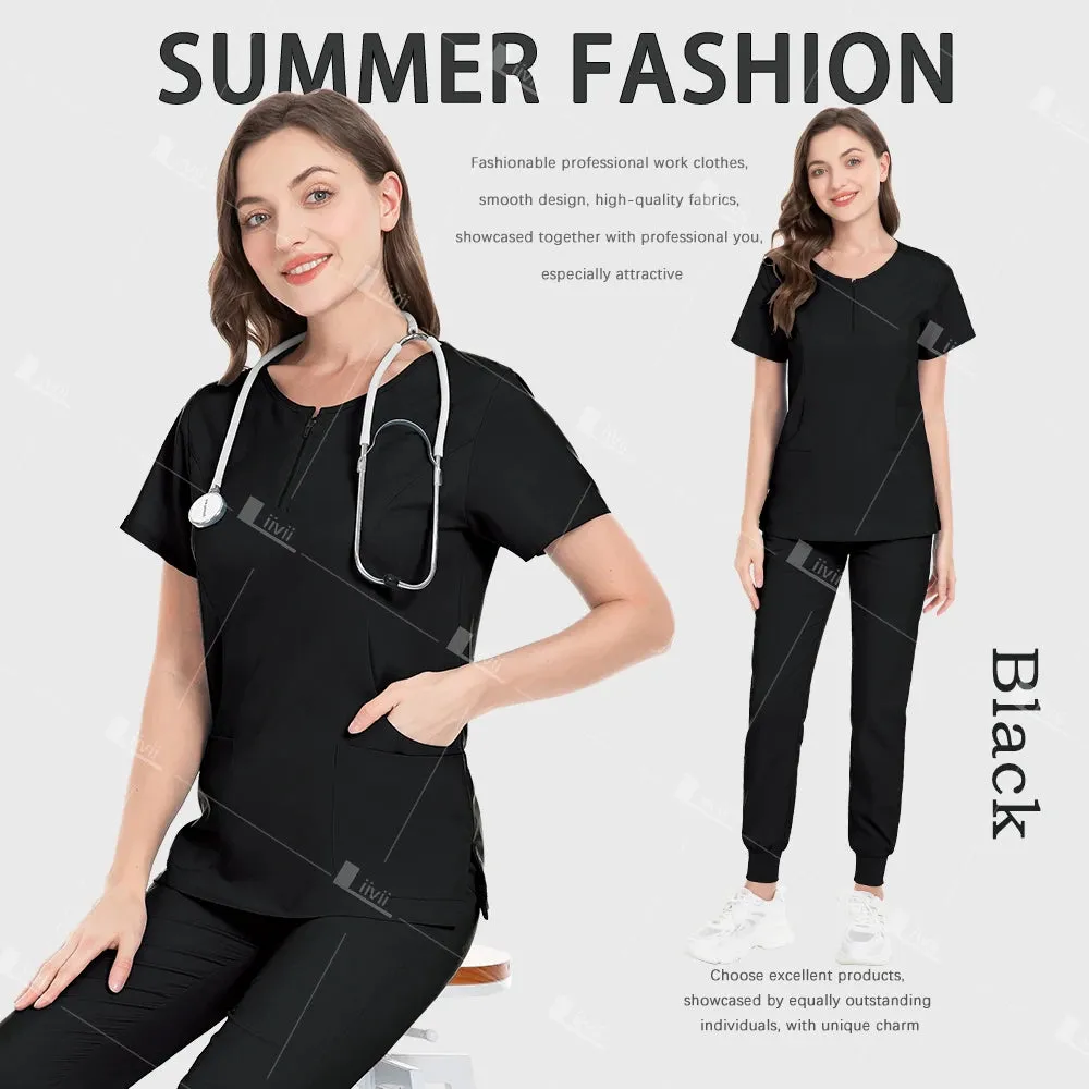 HC - Medical Workwear: Elastic scrub set for hospital staff, including top, pants, and accessories