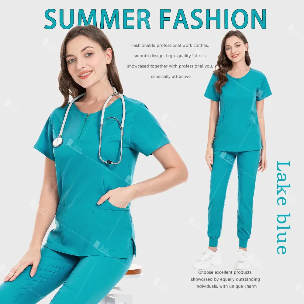 HC - Medical Workwear: Elastic scrub set for hospital staff, including top, pants, and accessories