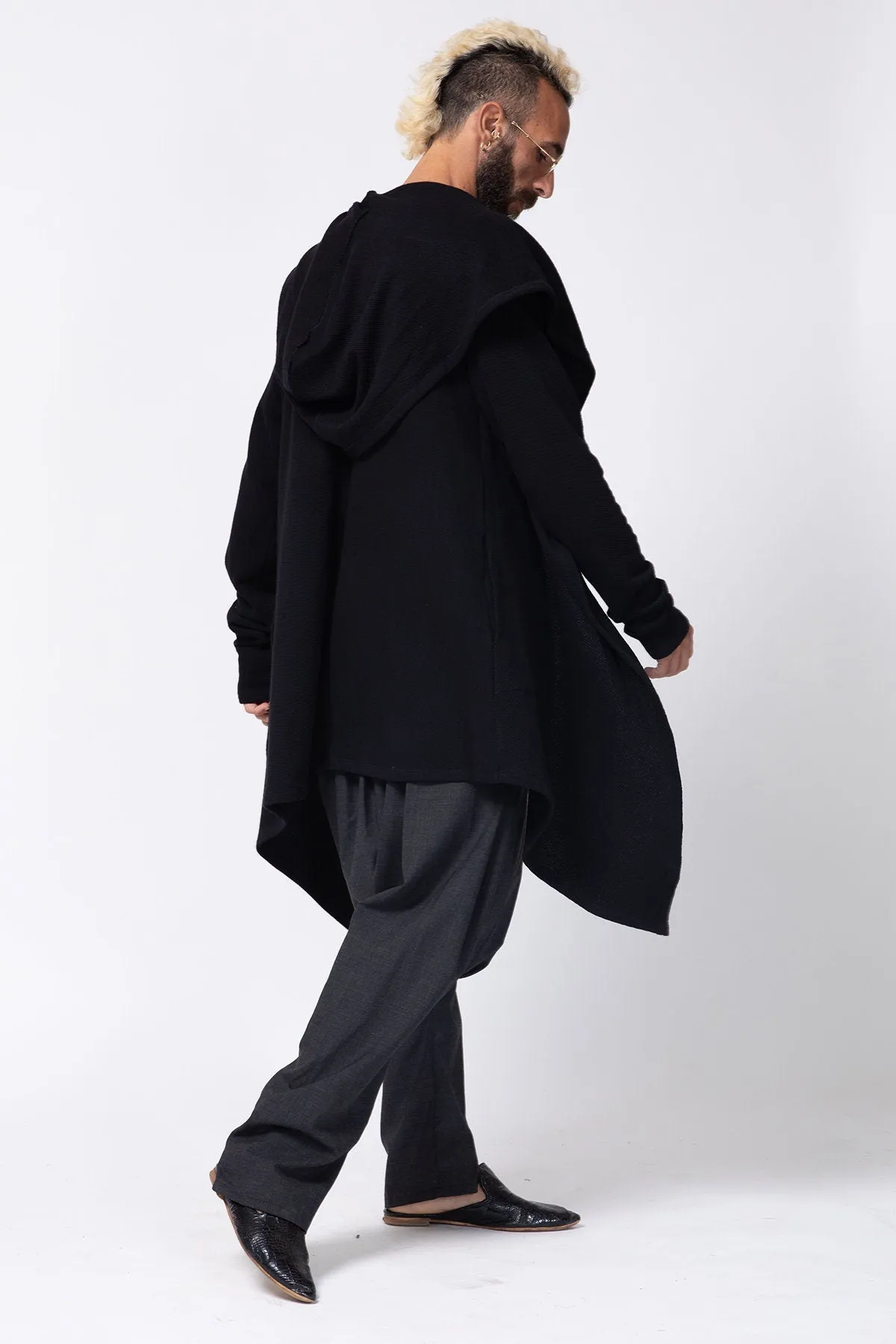 Long Black Hooded Cardigan for Men