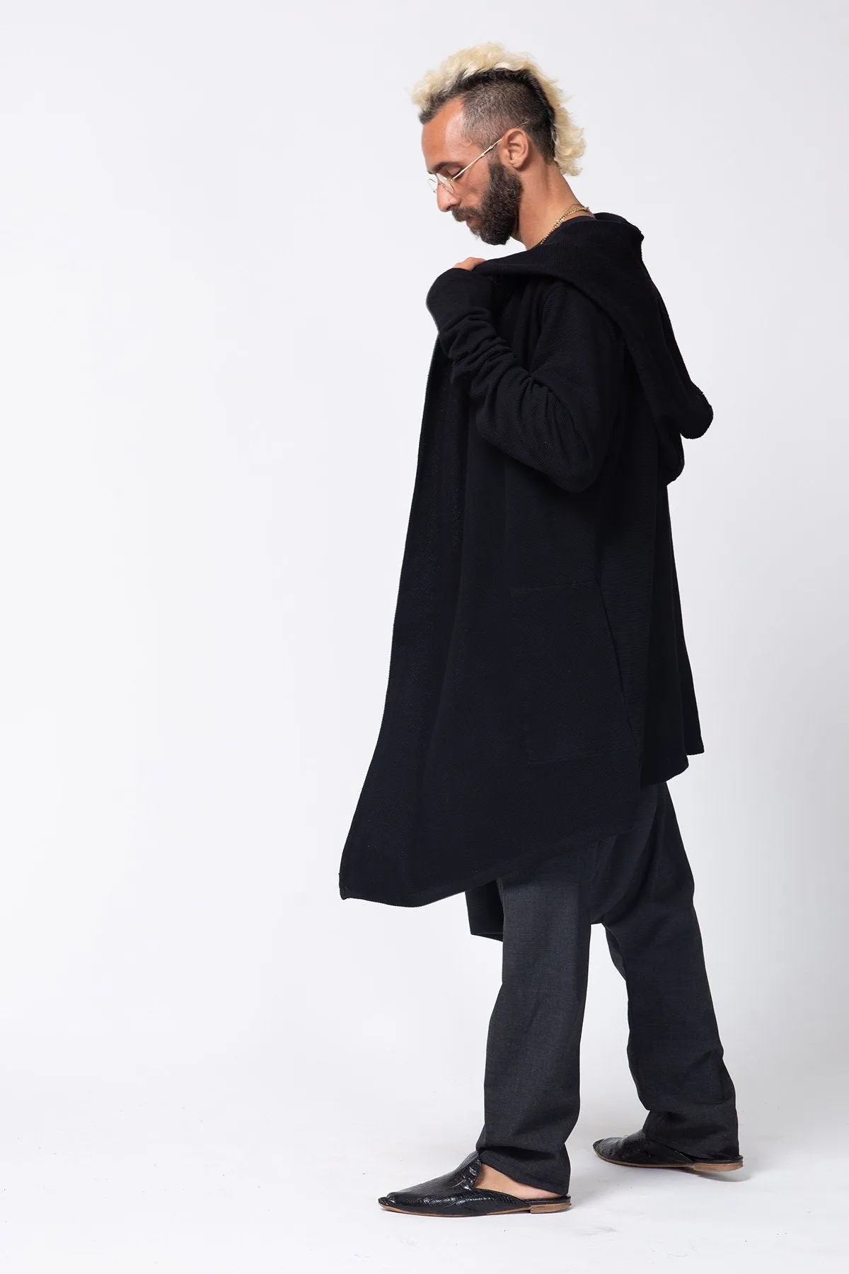 Long Black Hooded Cardigan for Men