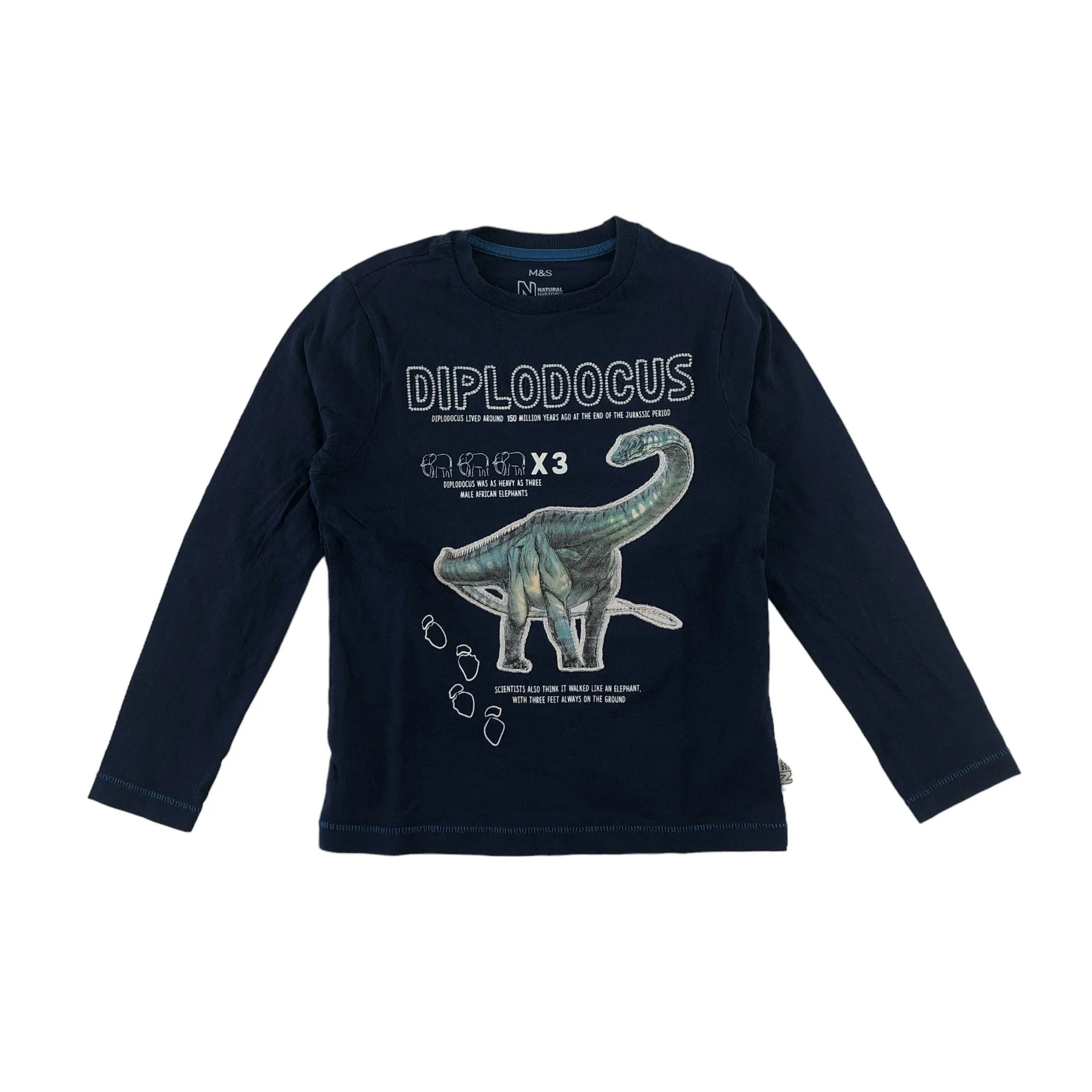 M&S t-shirt 5-6 years navy blue Diplodocus long sleeve cotton