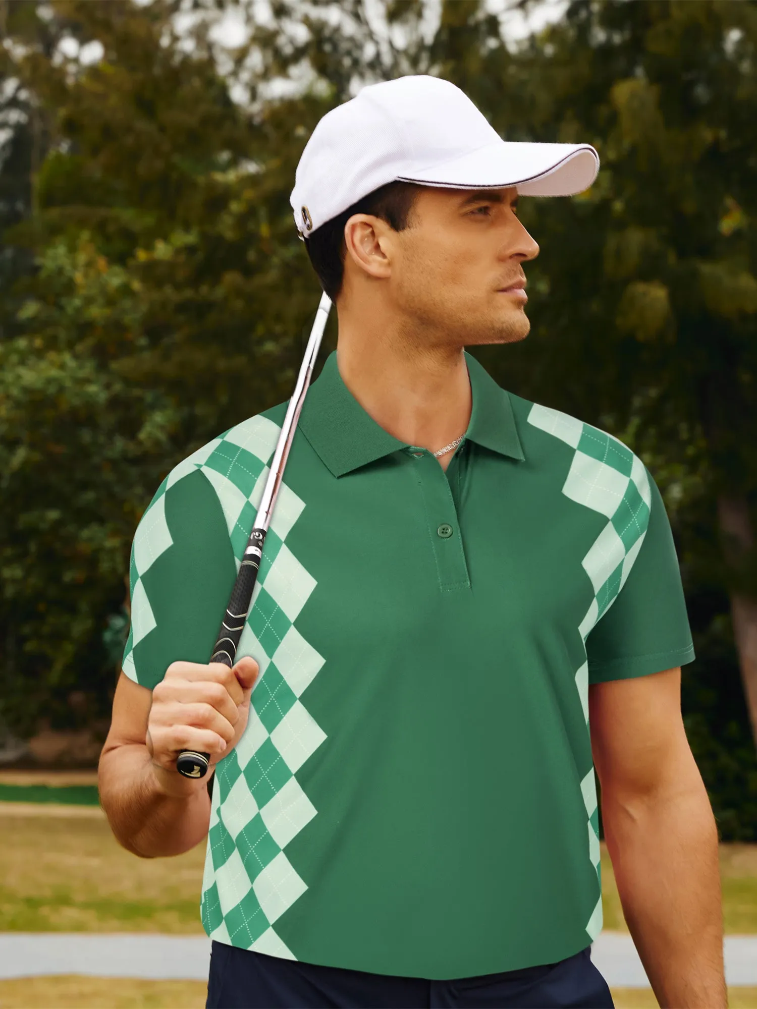 Men Argyle Polo Shirt Moisture Wicking Contrast Tennis Golf Pullover Shirts for Summer