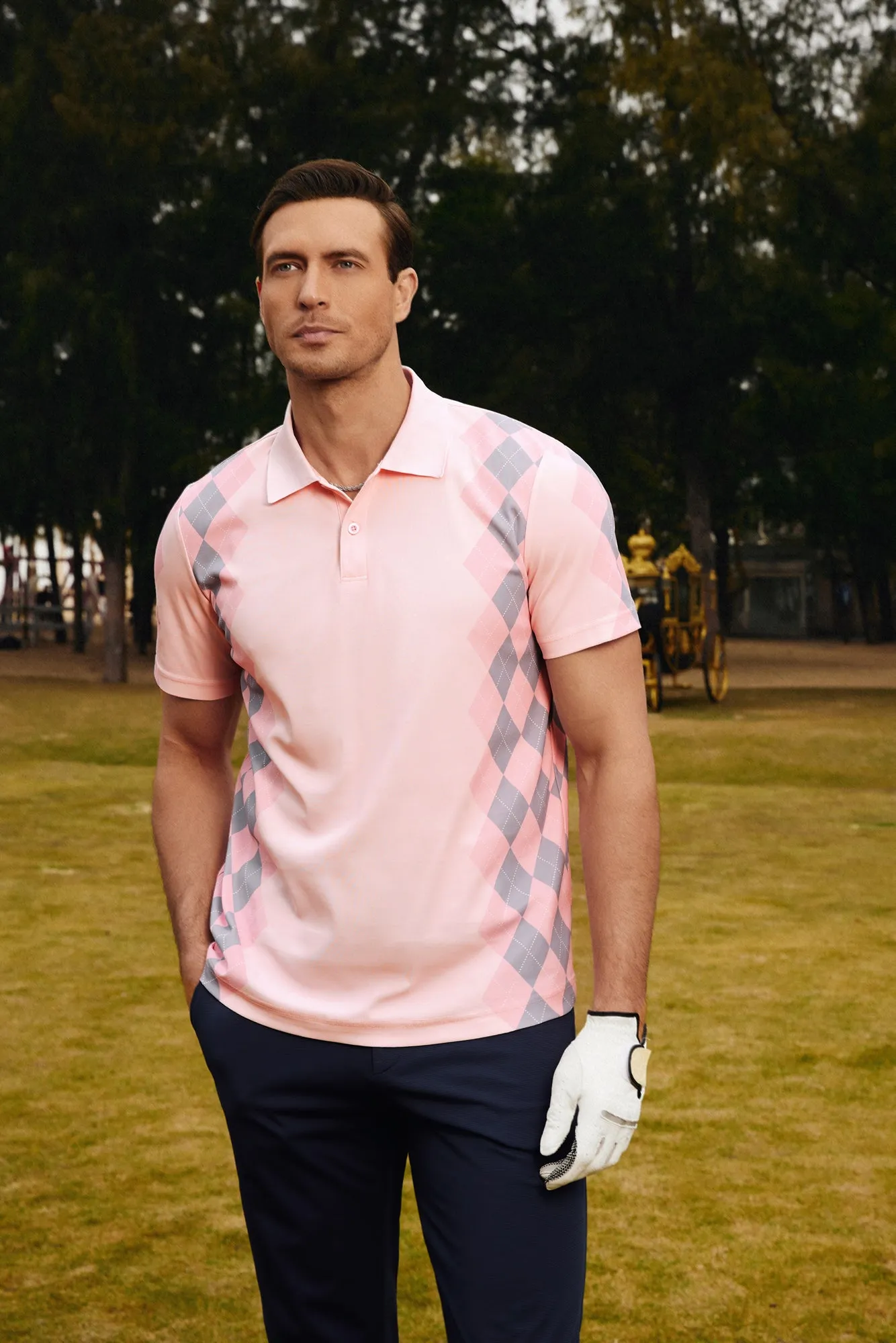 Men Argyle Polo Shirt Moisture Wicking Contrast Tennis Golf Pullover Shirts for Summer