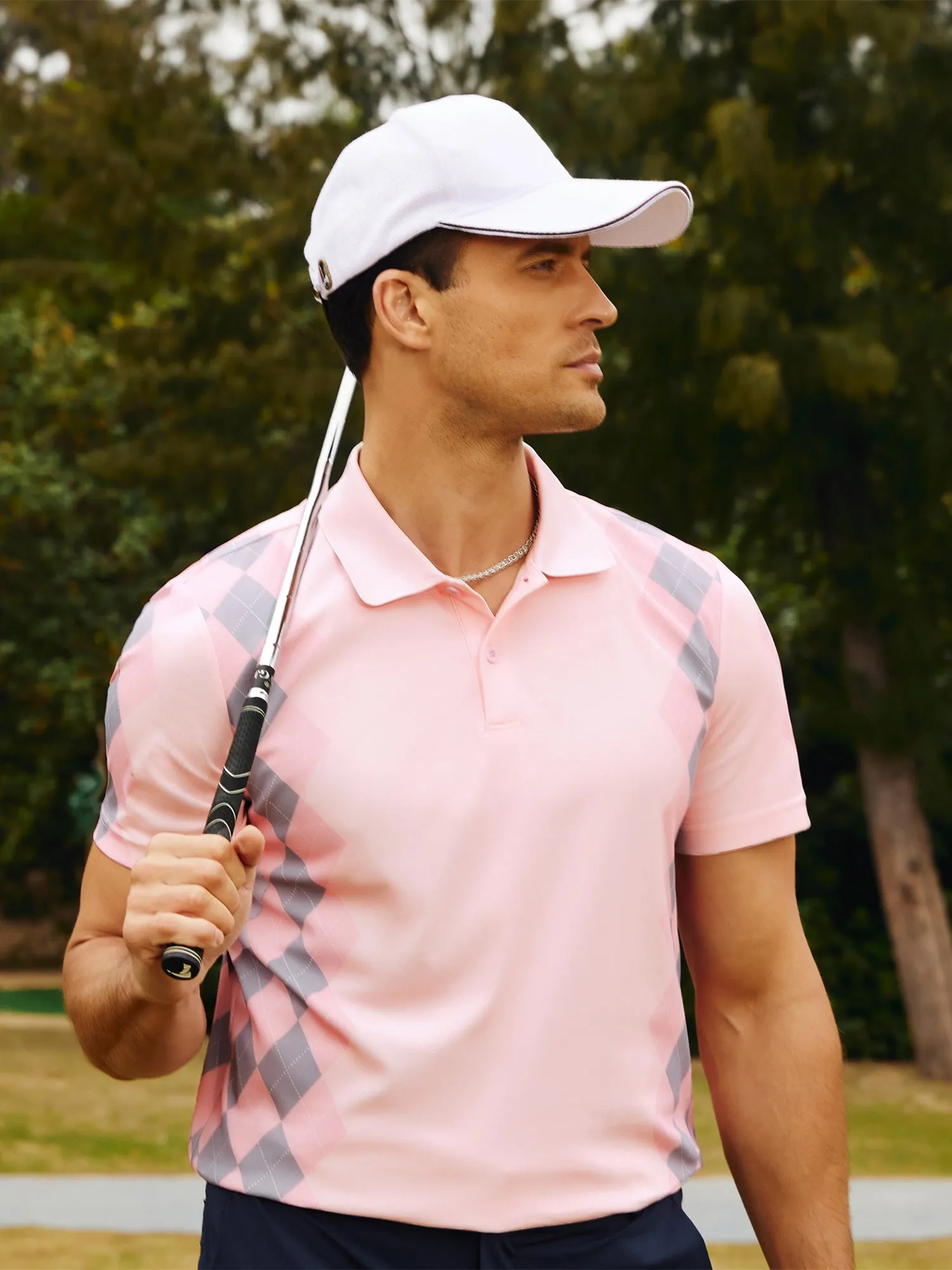 Men Argyle Polo Shirt Moisture Wicking Contrast Tennis Golf Pullover Shirts for Summer