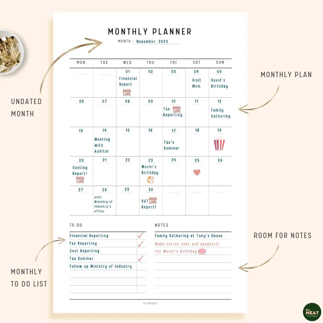 Minimalist Monthly Planner Printable - M128