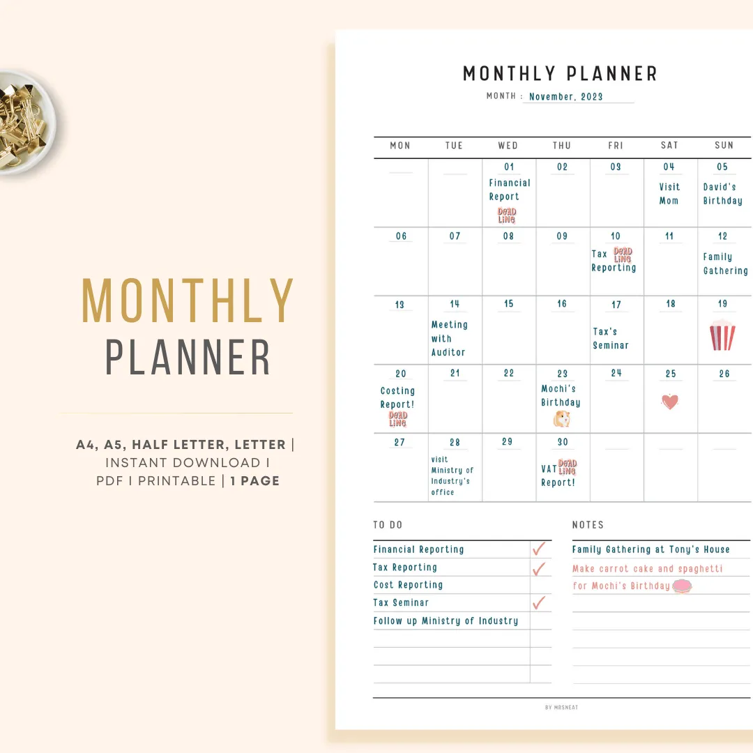 Minimalist Monthly Planner Printable - M128