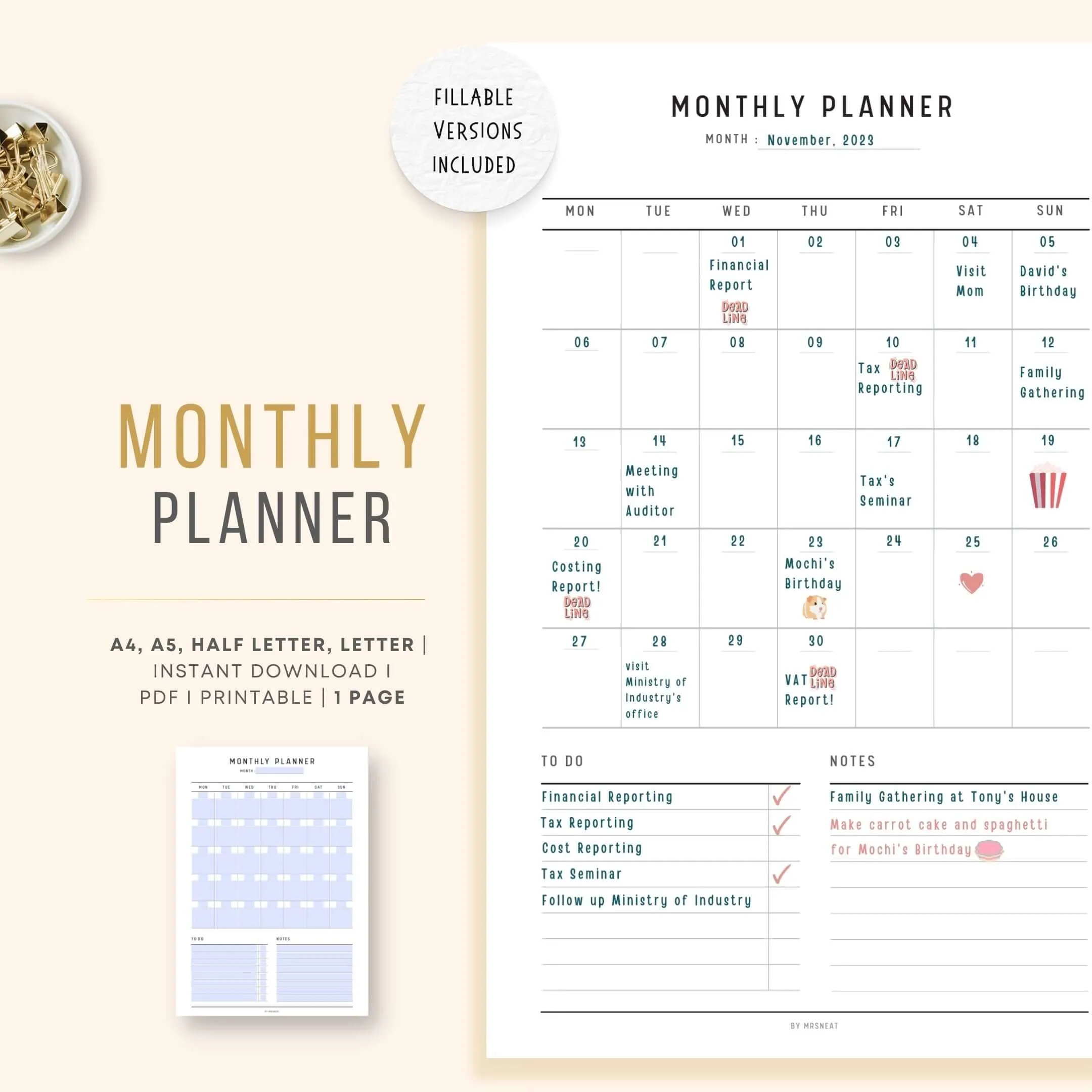 Minimalist Monthly Planner Printable - M128