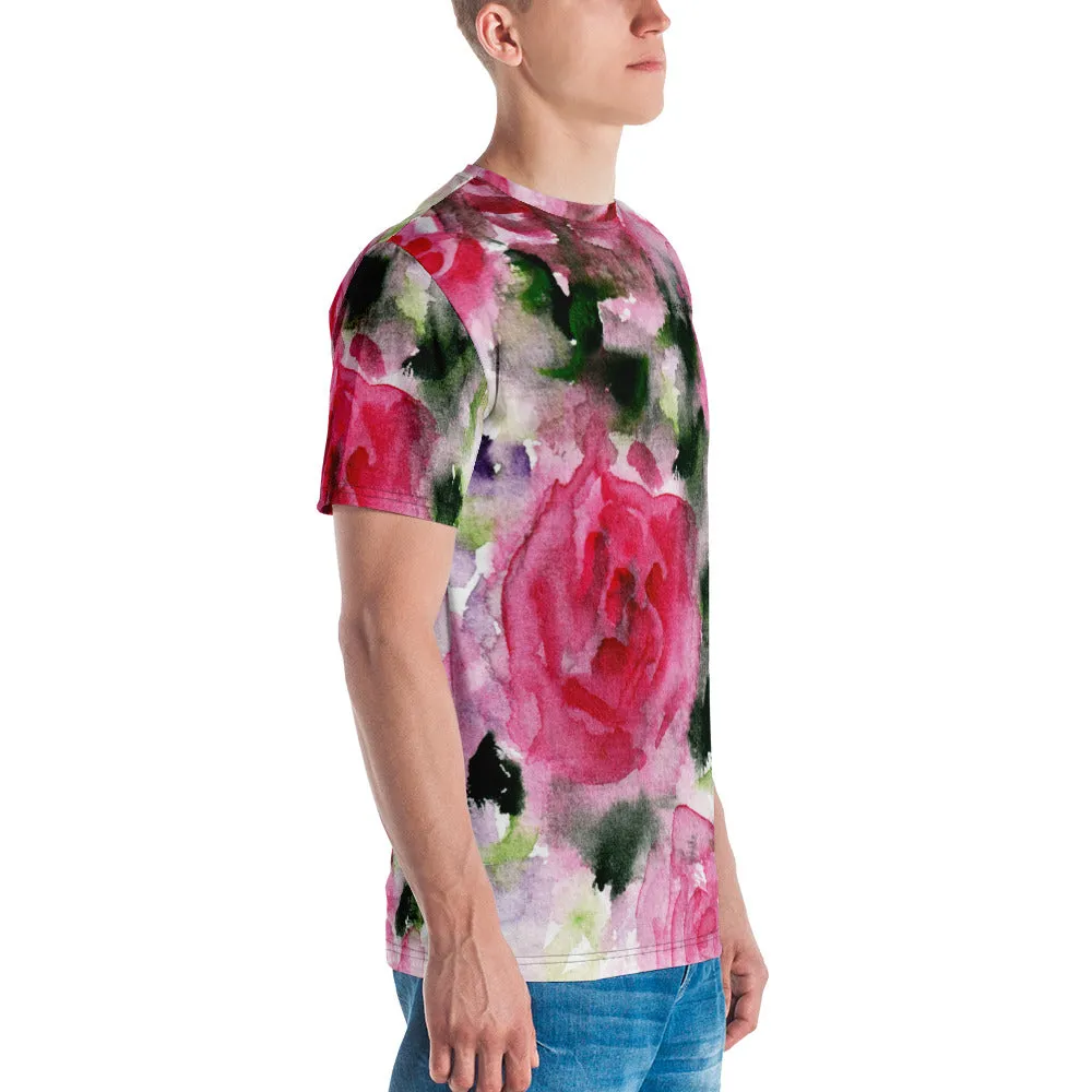 Pink Floral Rose Men's T-shirt, Flower Abstract Printed Luxury Tees For Men-Made in USA/EU