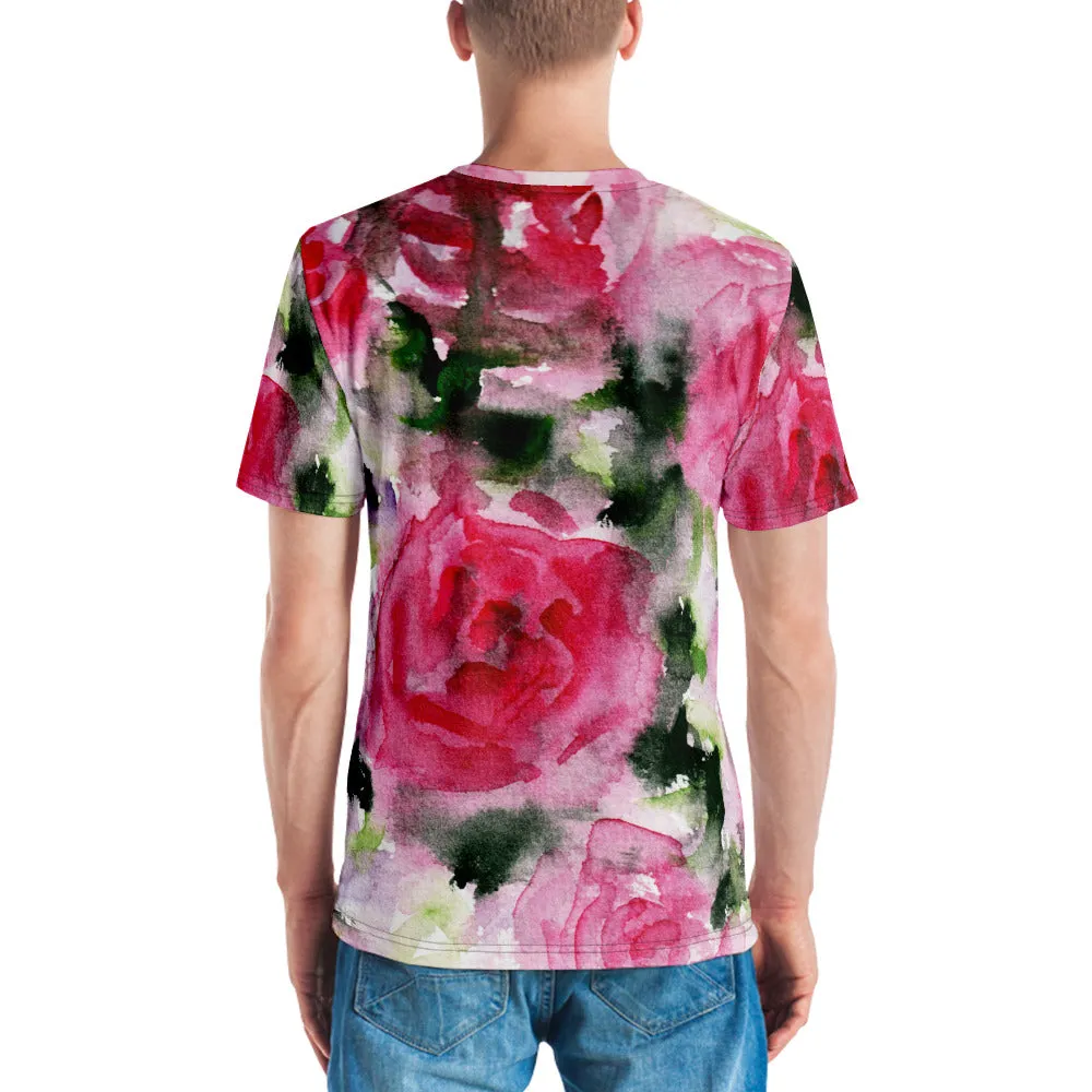 Pink Floral Rose Men's T-shirt, Flower Abstract Printed Luxury Tees For Men-Made in USA/EU