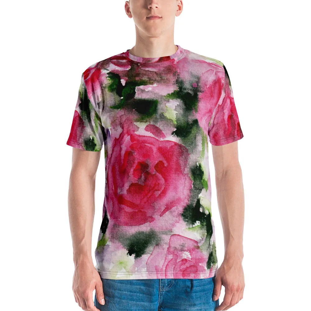 Pink Floral Rose Men's T-shirt, Flower Abstract Printed Luxury Tees For Men-Made in USA/EU