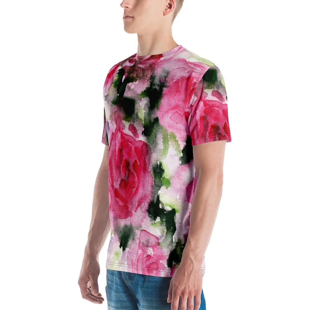 Pink Floral Rose Men's T-shirt, Flower Abstract Printed Luxury Tees For Men-Made in USA/EU