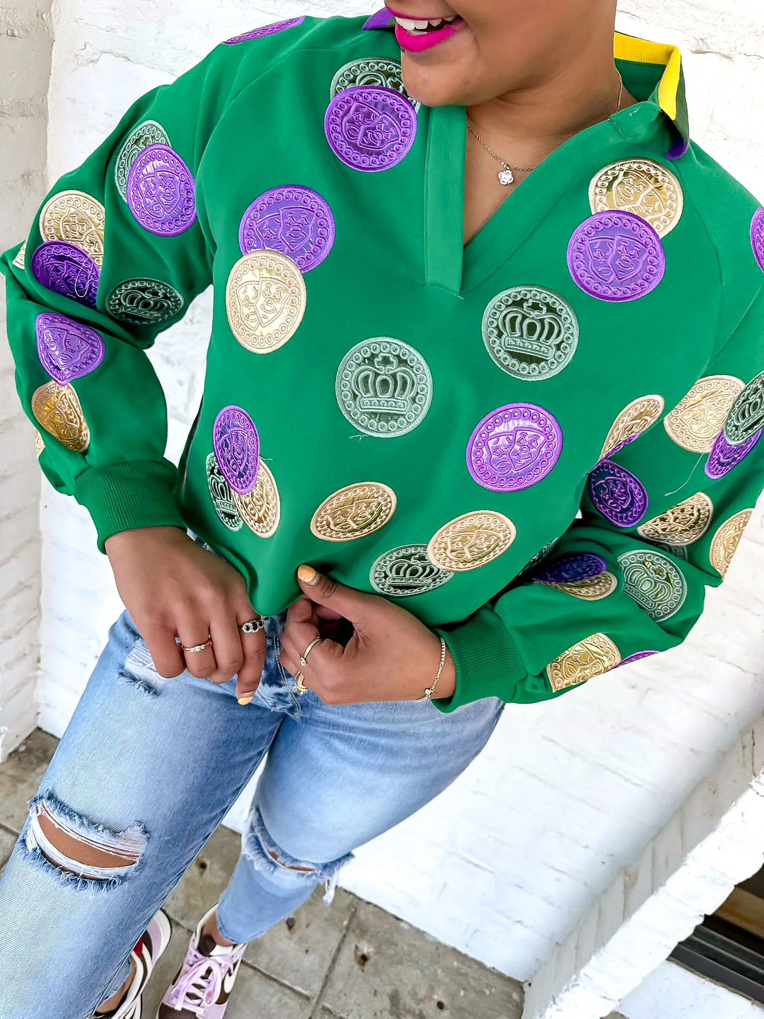 Queen Of Sparkles Green Doubloons Collar Sweatshirt