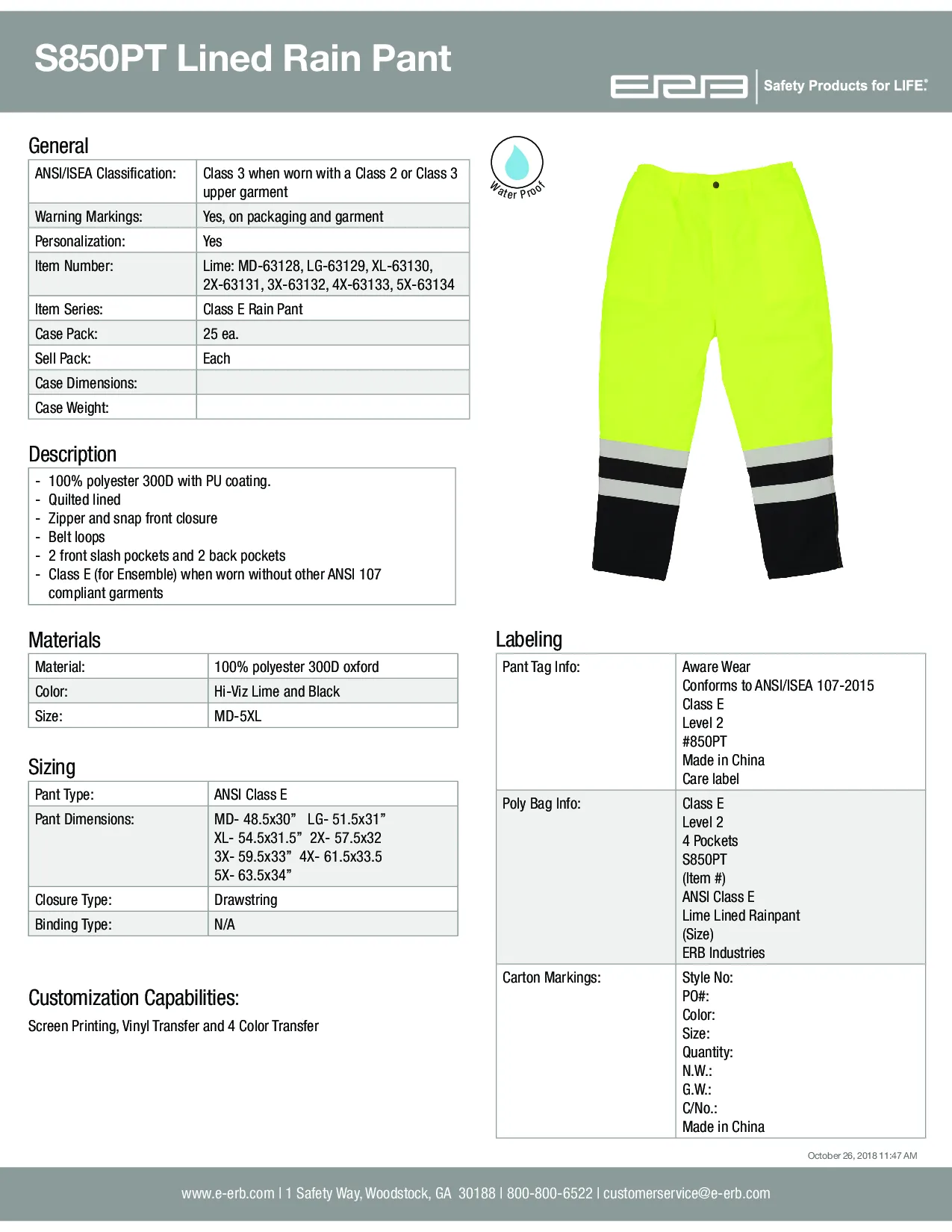 S850PT Class E Lined Rain Pants 1pc