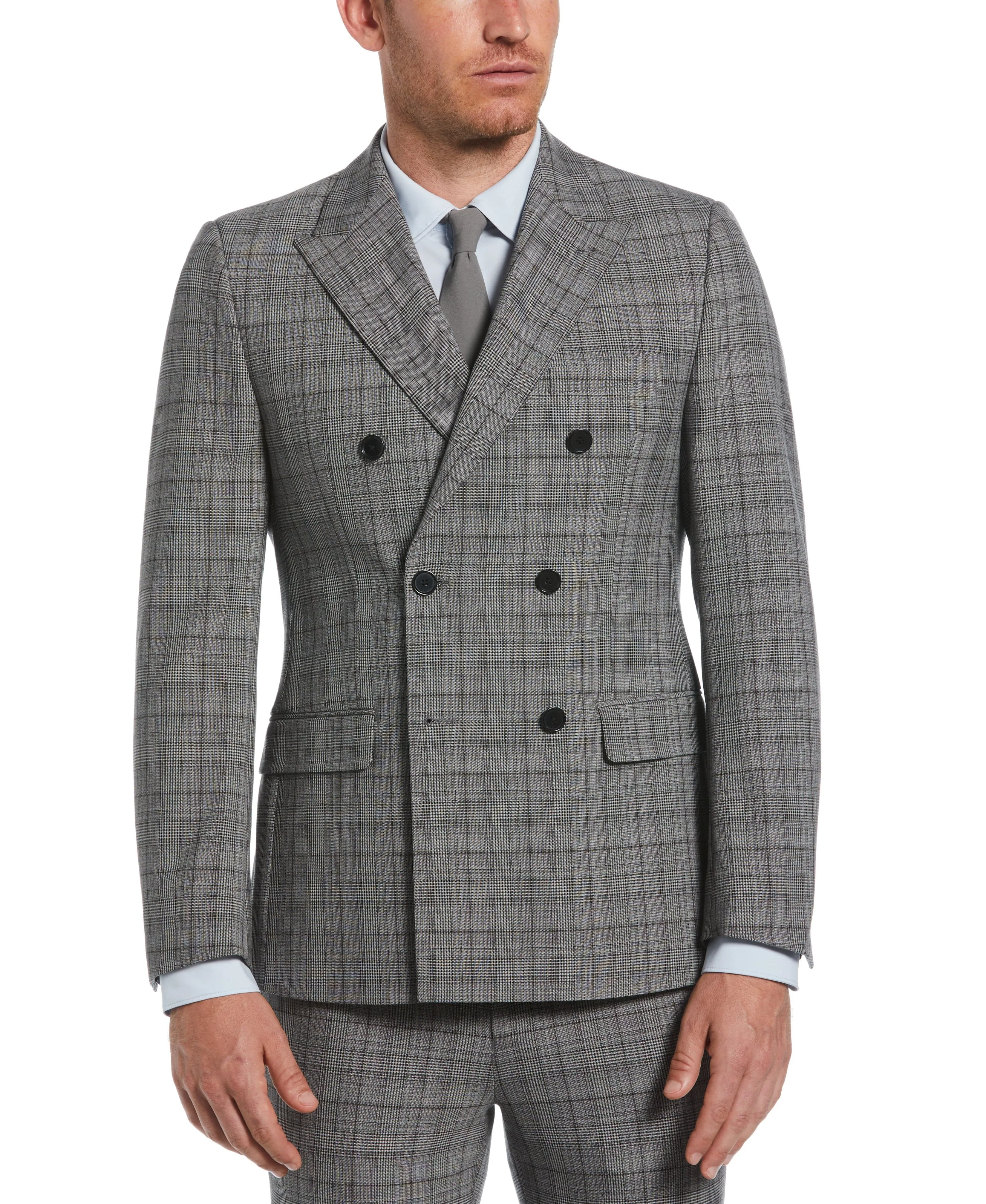 Skinny Fit Double Breasted Notch Collar Plaid Suit Jacket