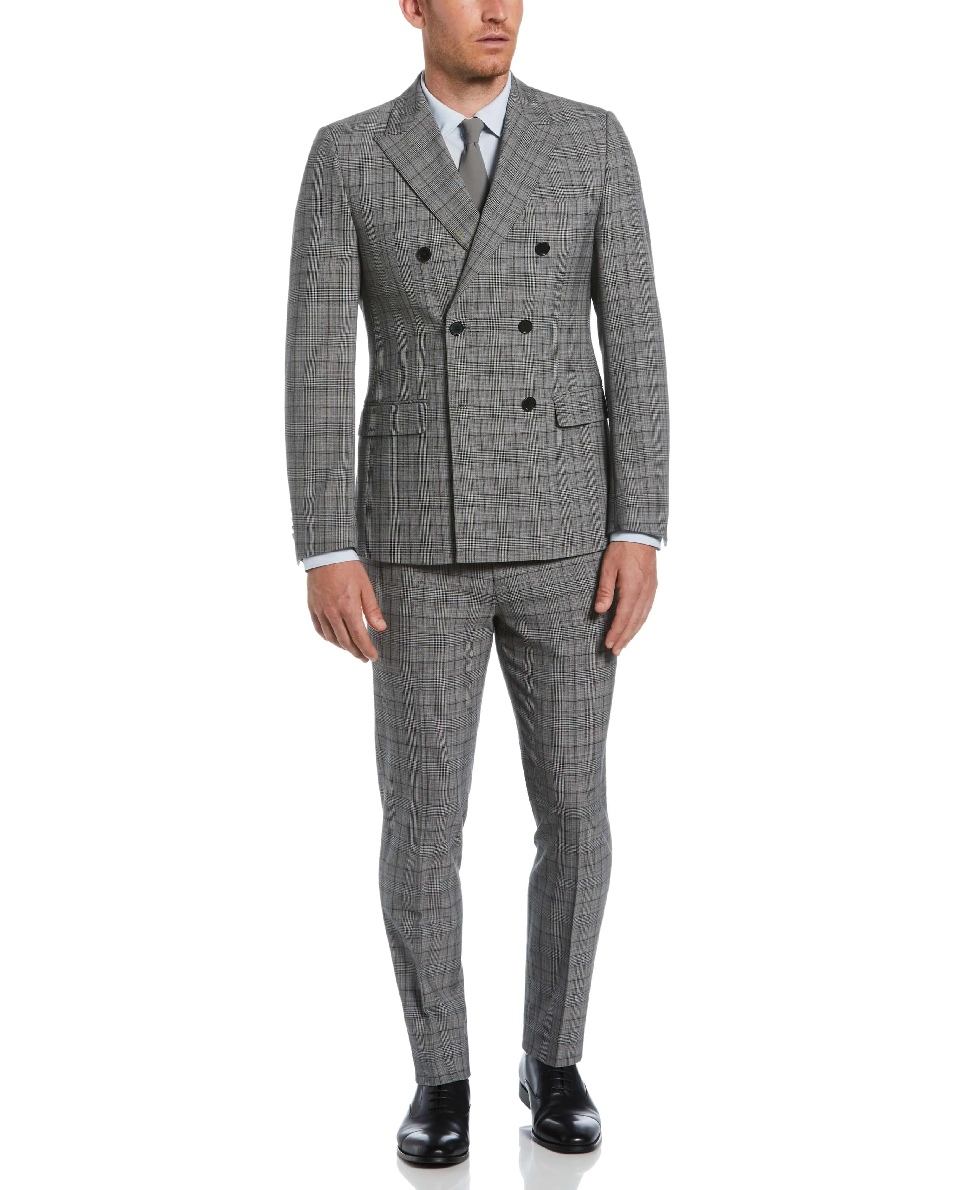 Skinny Fit Double Breasted Notch Collar Plaid Suit Jacket