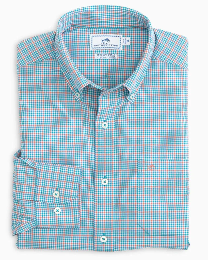 Southern Tide Men's Minicheck Brrr Intercoastal Performance Sport Shirt/ParrotFish