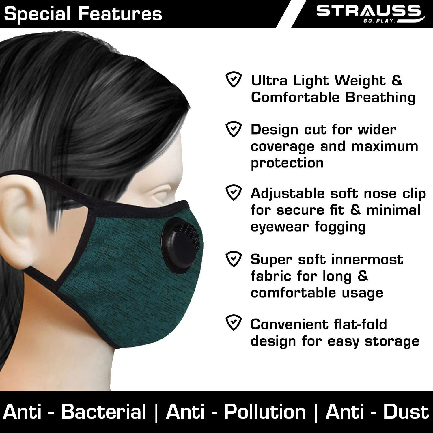 STRAUSS Unisex Anti-Bacterial Protection Mask, Black Vent, Medium, (Black)