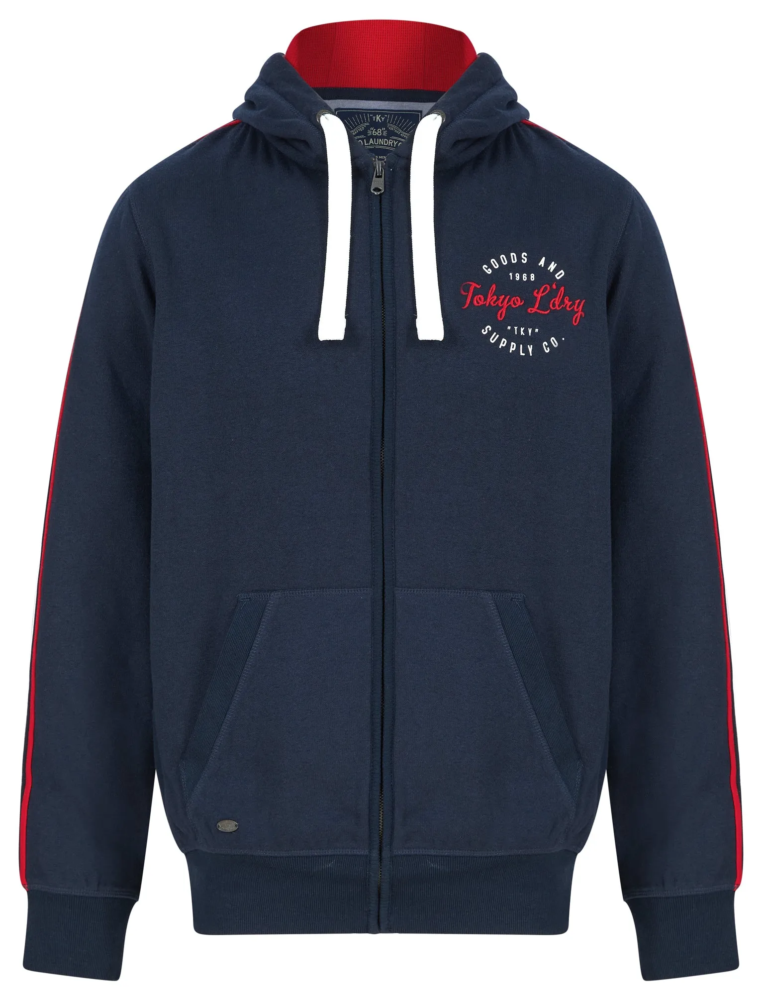 Taper Brushback Fleece Zip Through Hoodie with Tape Sleeve Detail in Sky Captain Navy - Tokyo Laundry