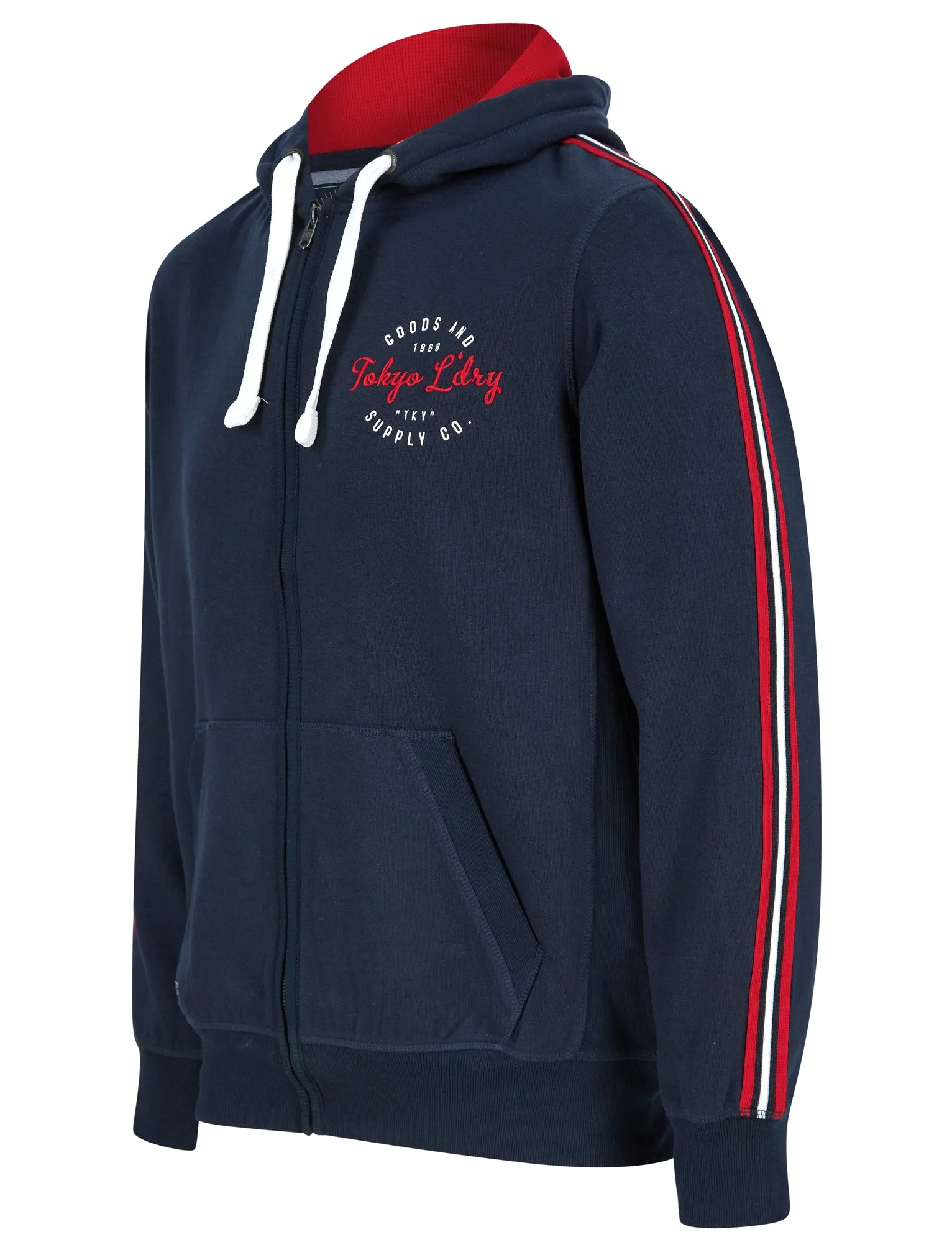 Taper Brushback Fleece Zip Through Hoodie with Tape Sleeve Detail in Sky Captain Navy - Tokyo Laundry